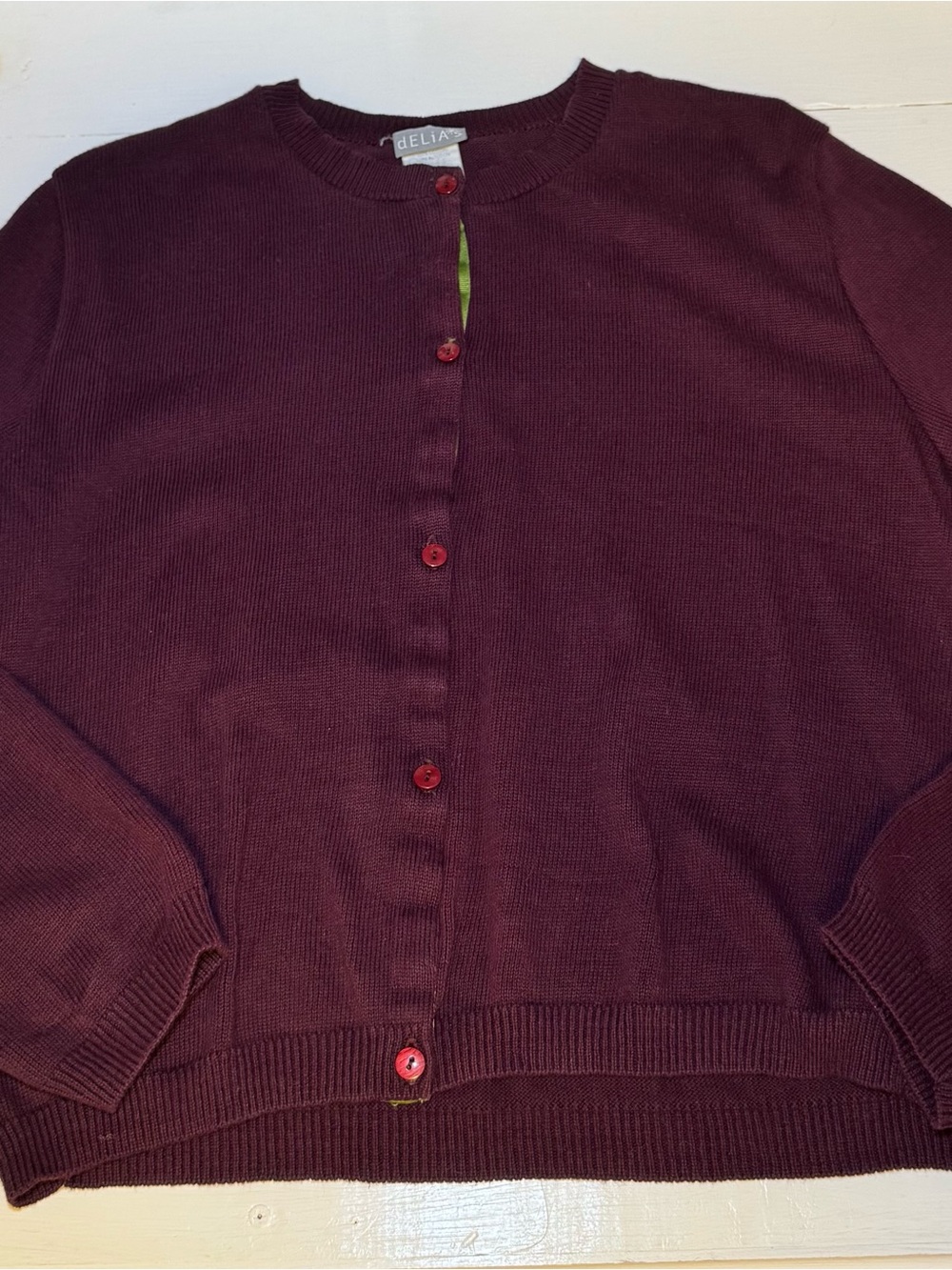 dELiA*s Plum Crewneck Cardigan with Red Buttons - Picture 6 of 11